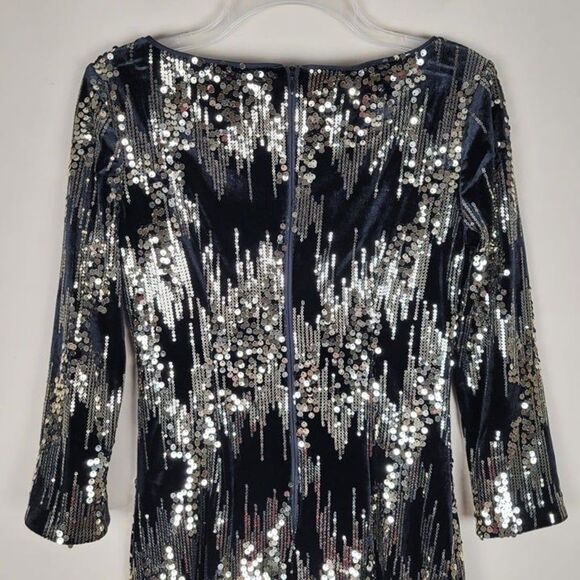 Eliza J Size 2 Sequin Velvet Shift Mini Dress 3/4 Sleeve Party Black Gold - Picture 4 of 12